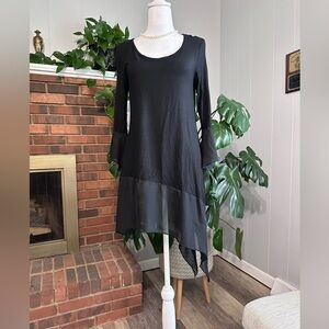 🛍️Cover Charge high low sheer end black comfy dress with stretch & bell sleeve.
